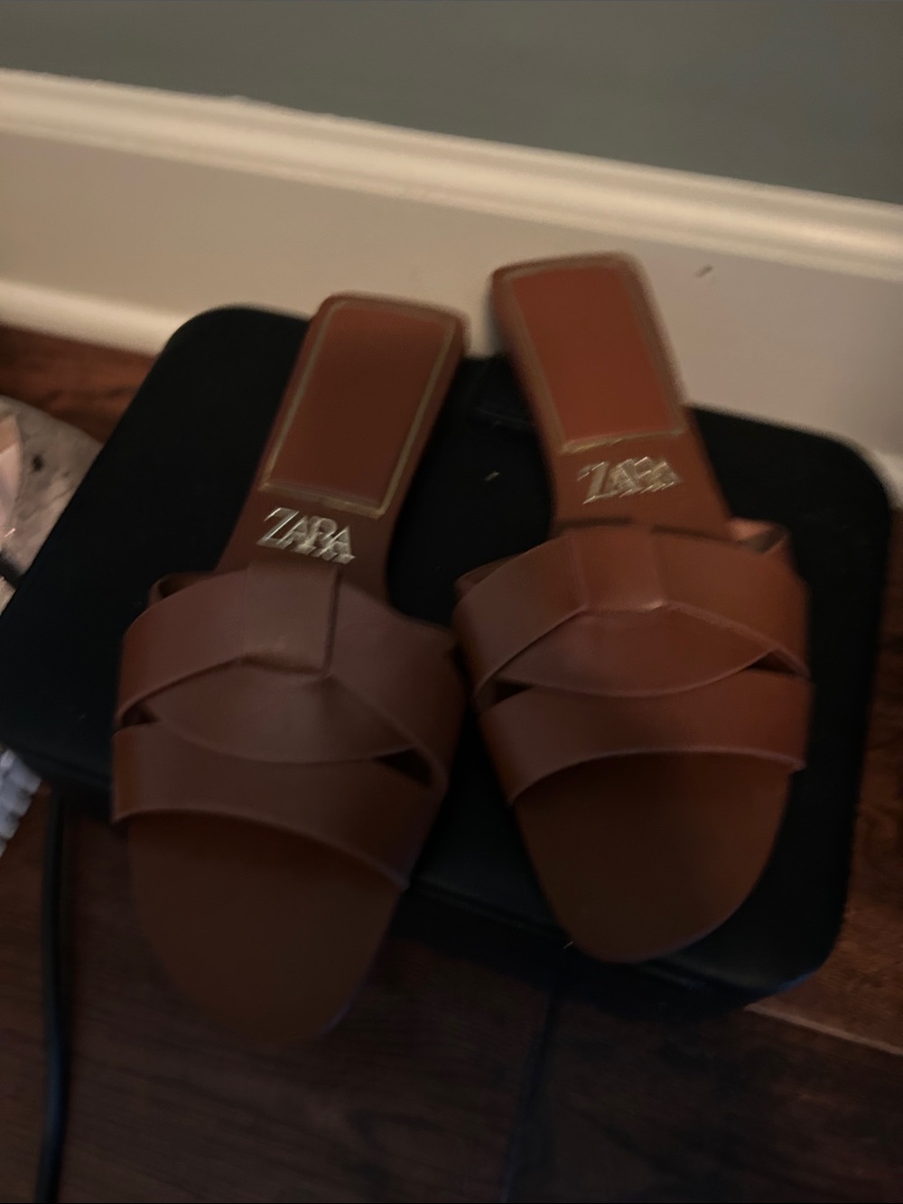 Zara Tan Brown Woven Strap Slide Sandals
